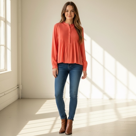 NWT!! SUNDANCE Mystic Falls Pleated Top Blouse Coral Pink Pleated Popover Boho L - Picture 1 of 12